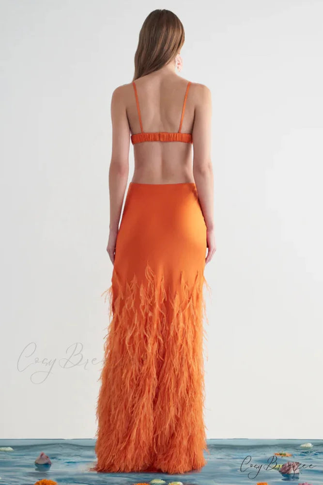 Lena Satin Cutout Trendy Ostrich Feather Maxi Dress