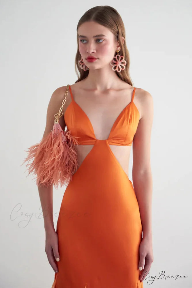Lena Satin Cutout Trendy Ostrich Feather Maxi Dress