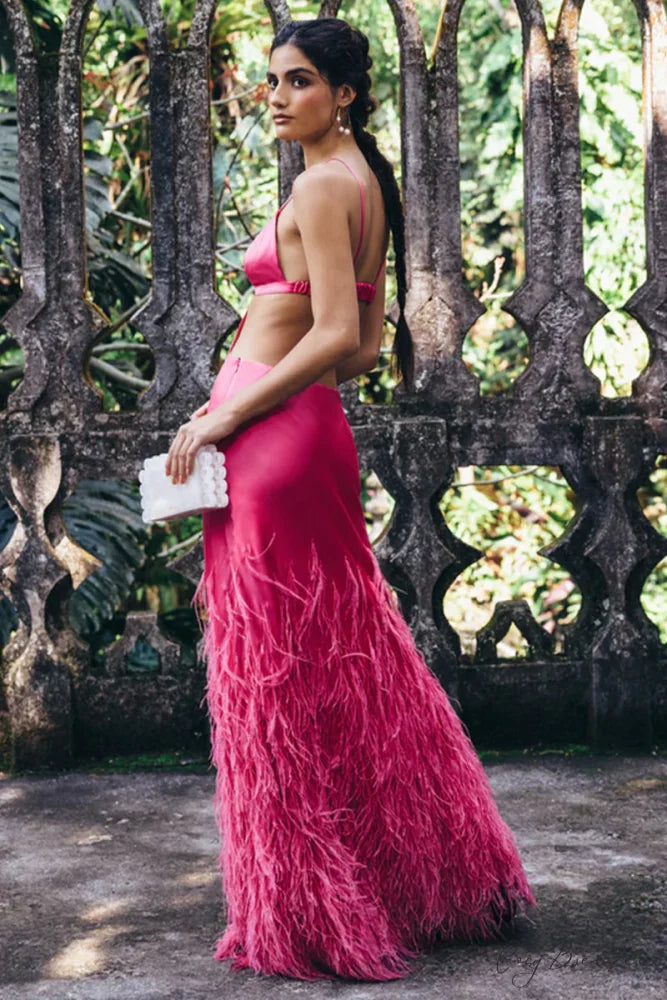 Lena Satin Cutout Trendy Ostrich Feather Maxi Dress
