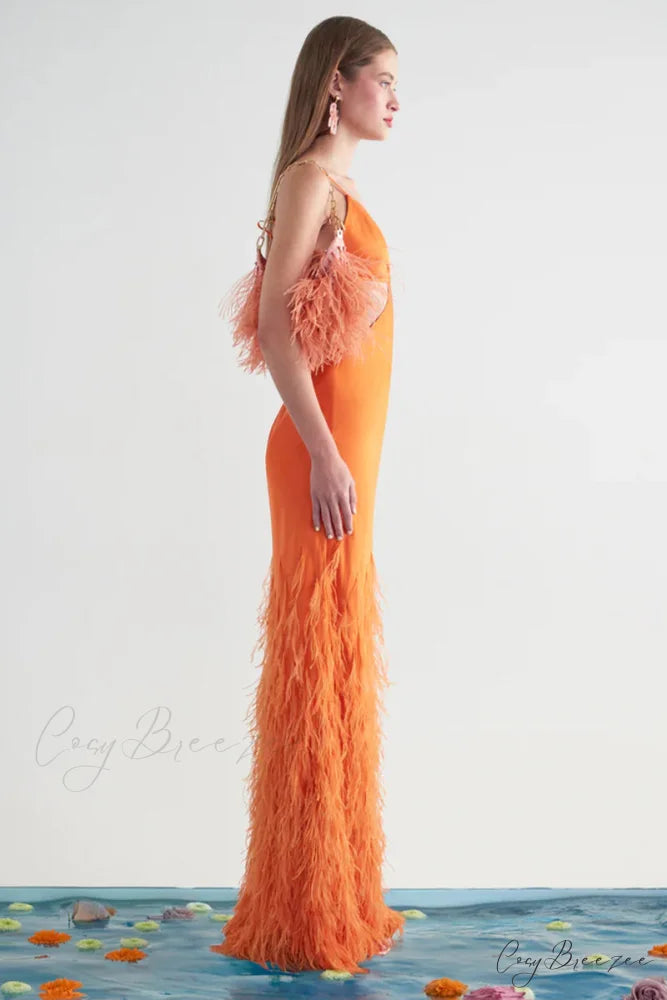 Lena Satin Cutout Trendy Ostrich Feather Maxi Dress
