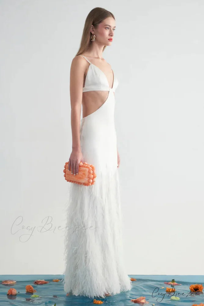 Lena Satin Cutout Trendy Ostrich Feather Maxi Dress