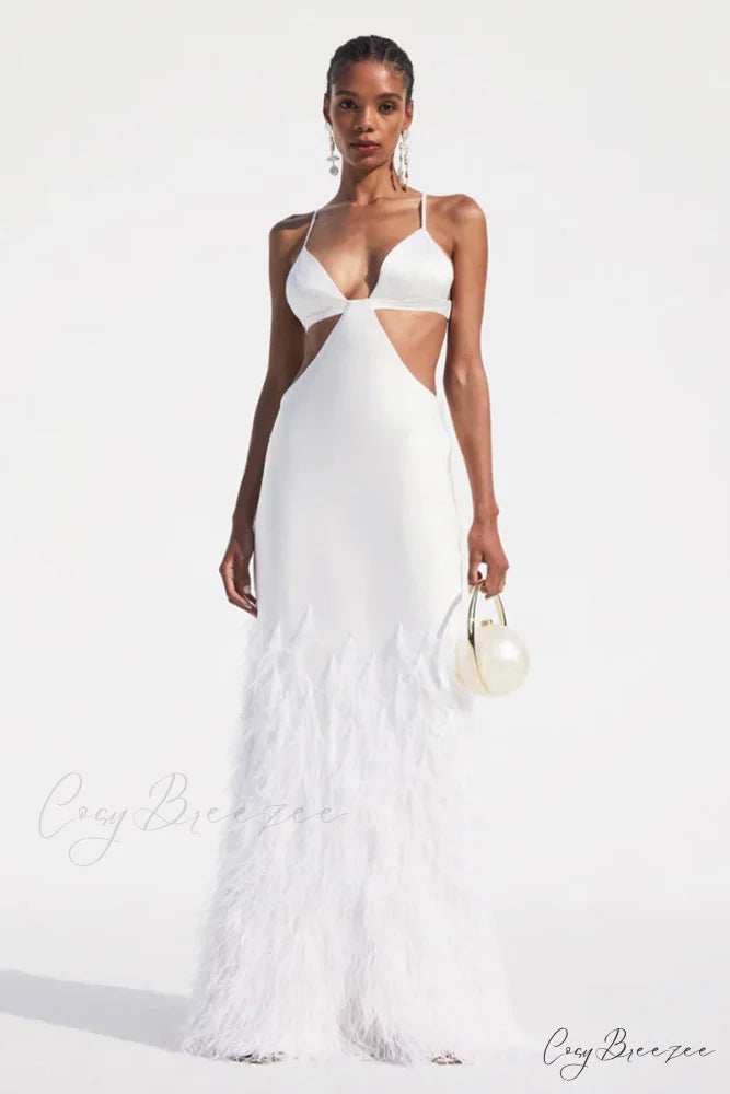 Lena Satin Cutout Trendy Ostrich Feather Maxi Dress
