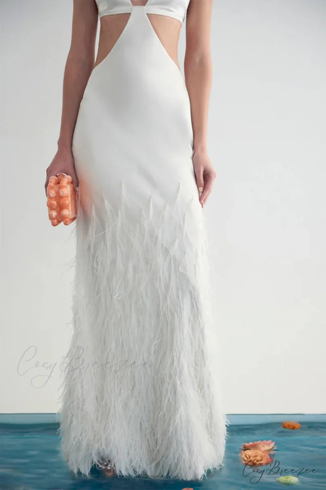 Lena Satin Cutout Trendy Ostrich Feather Maxi Dress