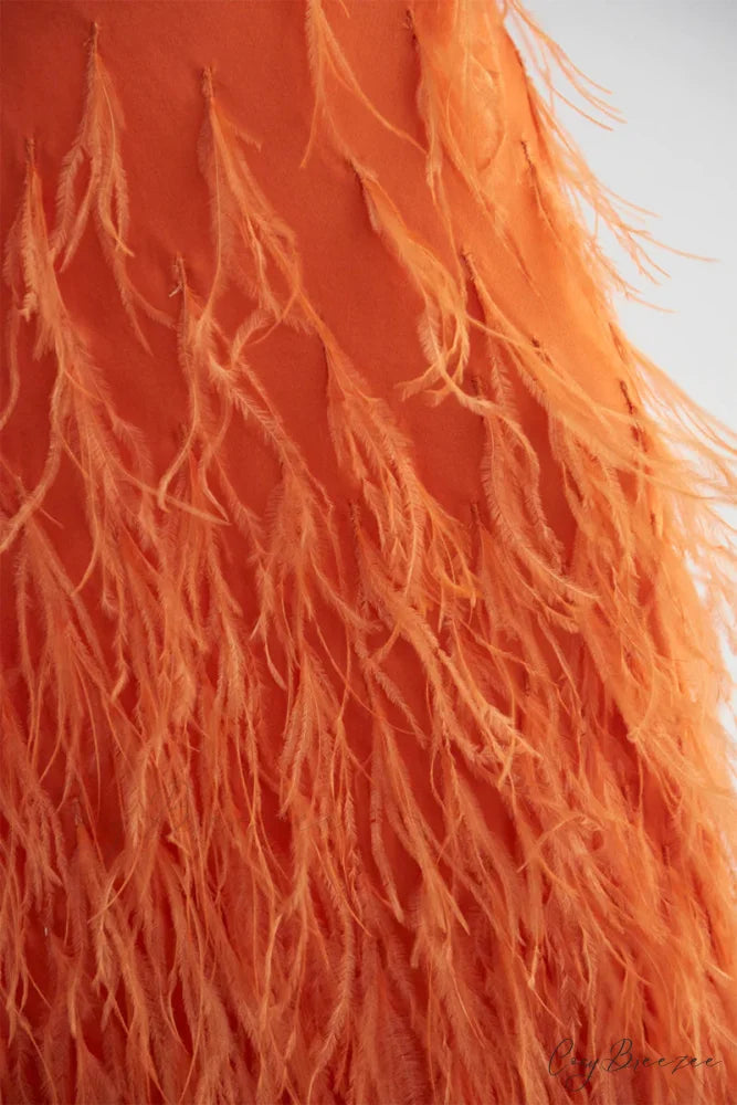 Lena Satin Cutout Trendy Ostrich Feather Maxi Dress