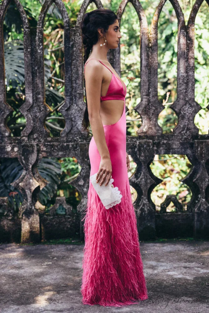 Lena Satin Cutout Trendy Ostrich Feather Maxi Dress
