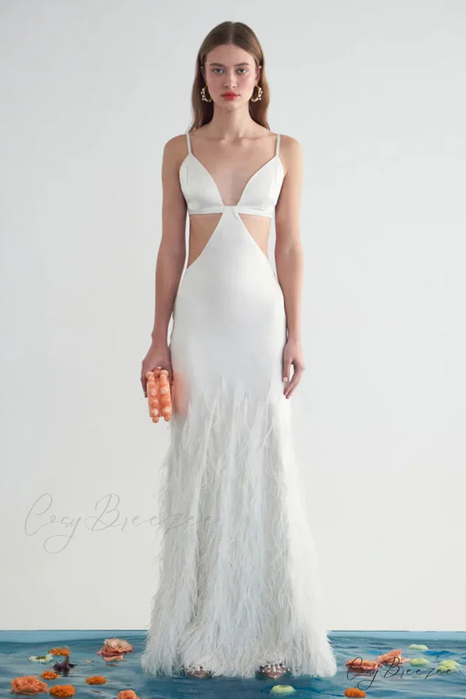 Lena Satin Cutout Trendy Ostrich Feather Maxi Dress White / 2