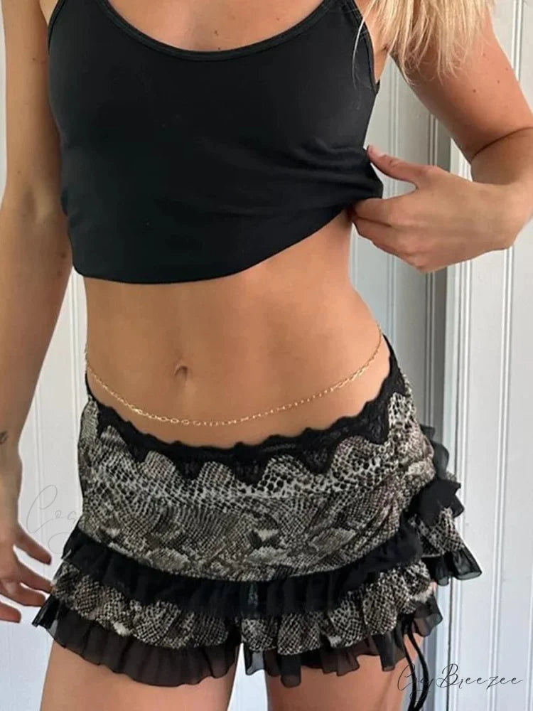 Leopard Drawstring Vintage Skirt Black / S skirts-250223
