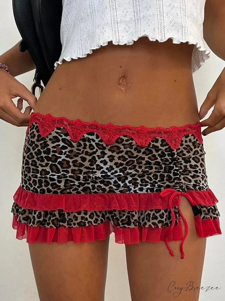 Leopard Drawstring Vintage Skirt Red / S skirts-250223