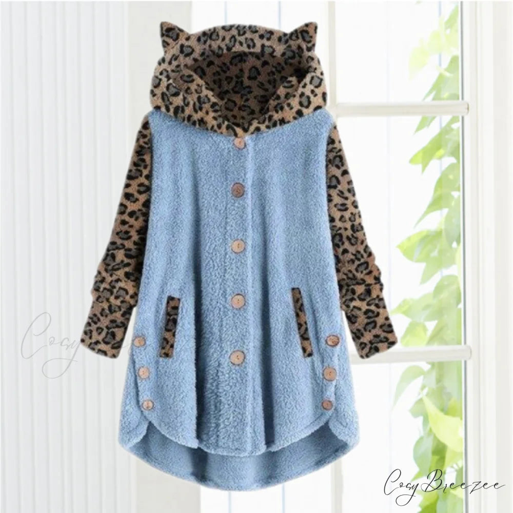 Leopard Patchwork Cat Ears Coat Blue / S