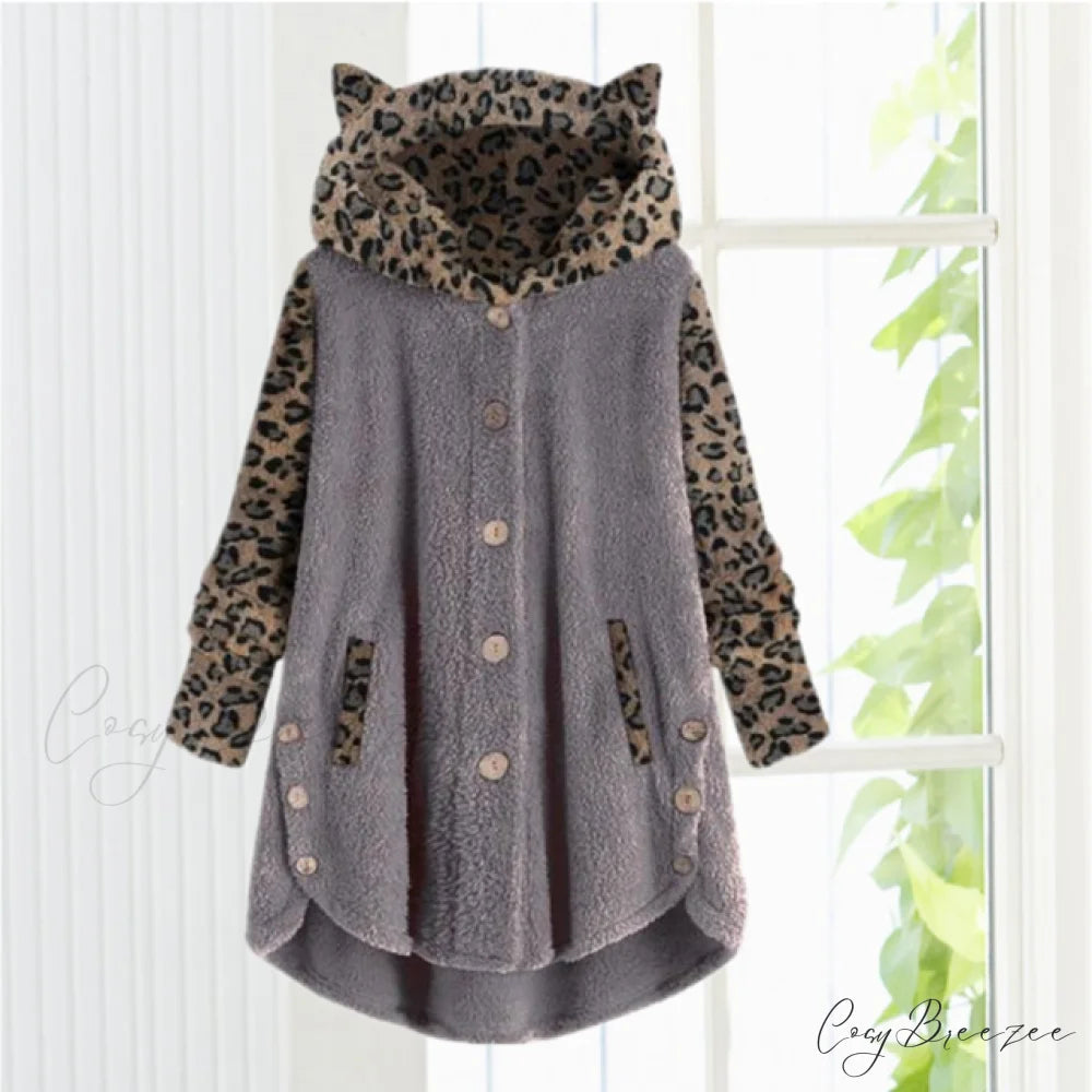 Leopard Patchwork Cat Ears Coat Dark Gray / S