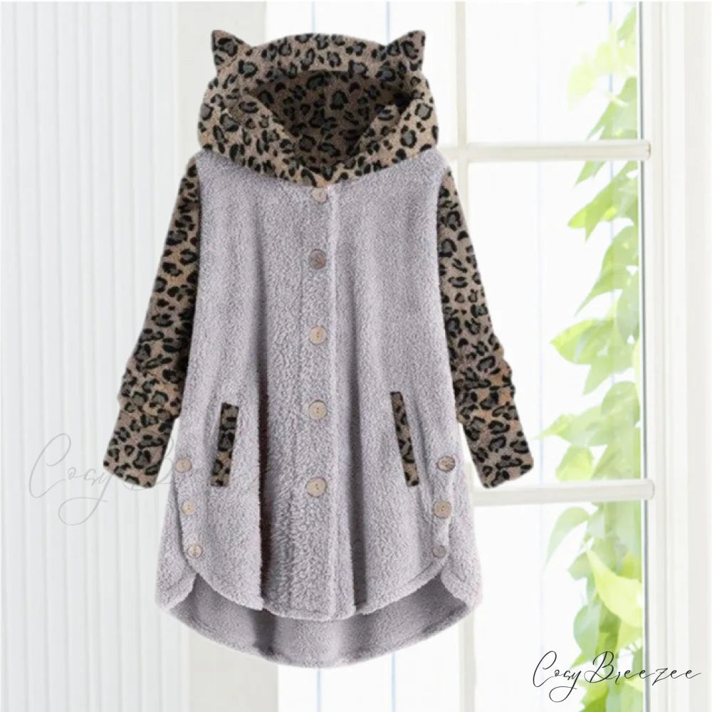 Leopard Patchwork Cat Ears Coat Gray / S