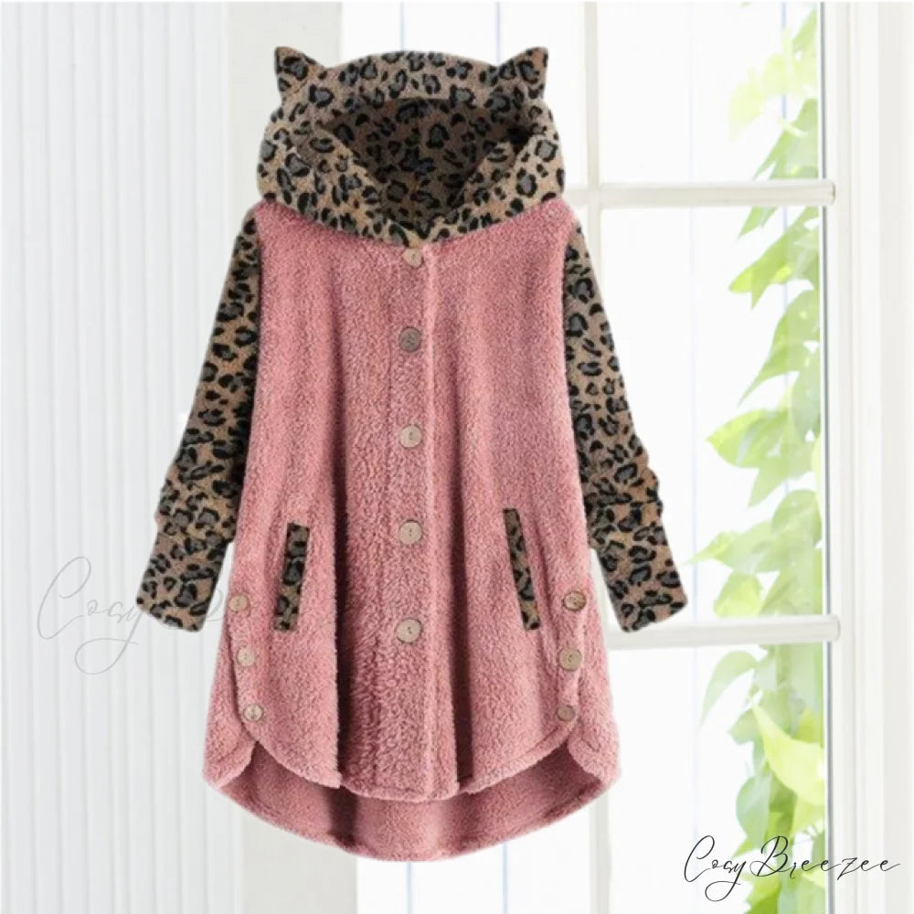 Leopard Patchwork Cat Ears Coat Pink / S