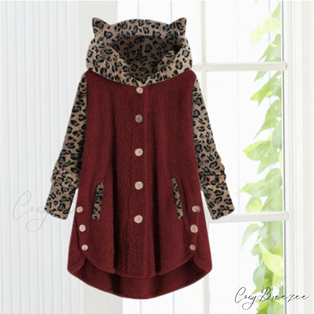 Leopard Patchwork Cat Ears Coat Wine Red / S