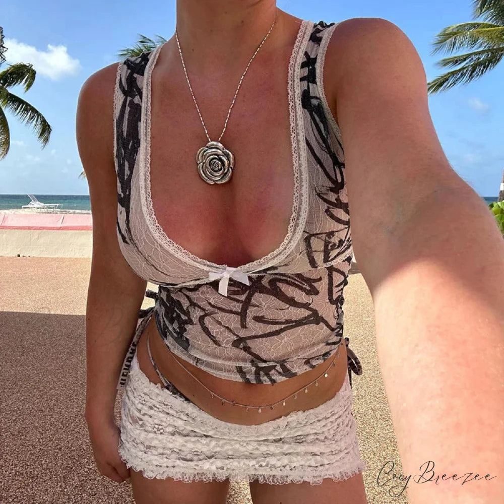 Leopard Pattern Coquette Lace Trim V Neck Backless Fashion Chic Sleeveless Crop Top croptop-250126