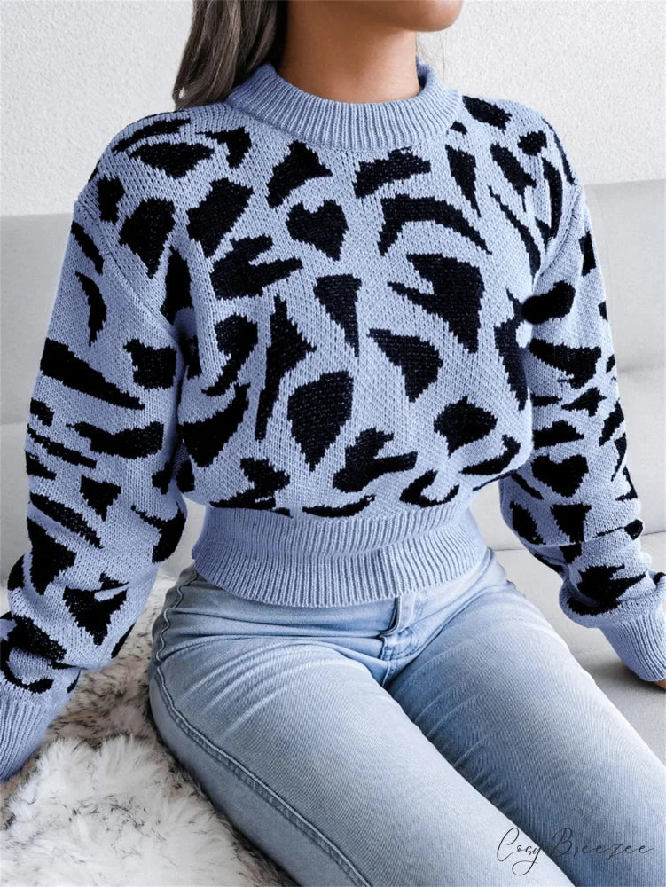 Leopard Pattern Waist Collection Round Neck Sweater Blue / S swraters-241228