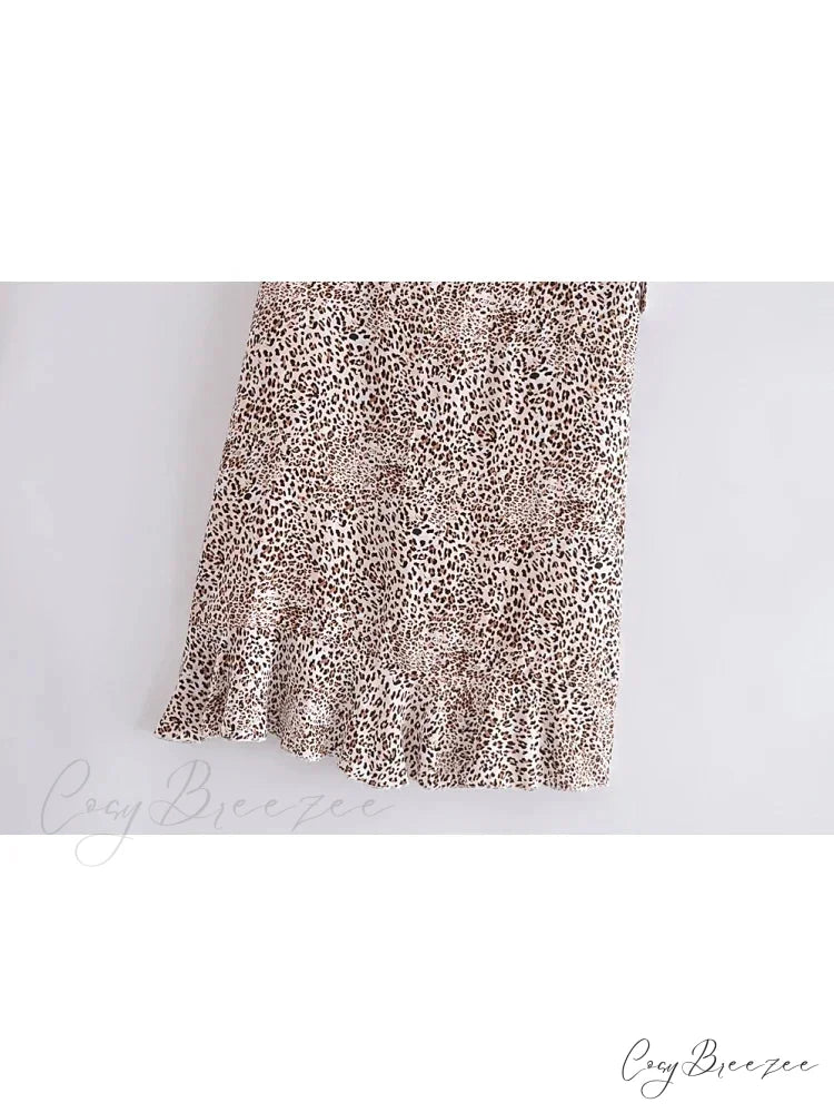 Leopard Print Beach Bohemian Skirt Ruffles Split Asymmetrical Maxi Boho Skirt skirt-250126