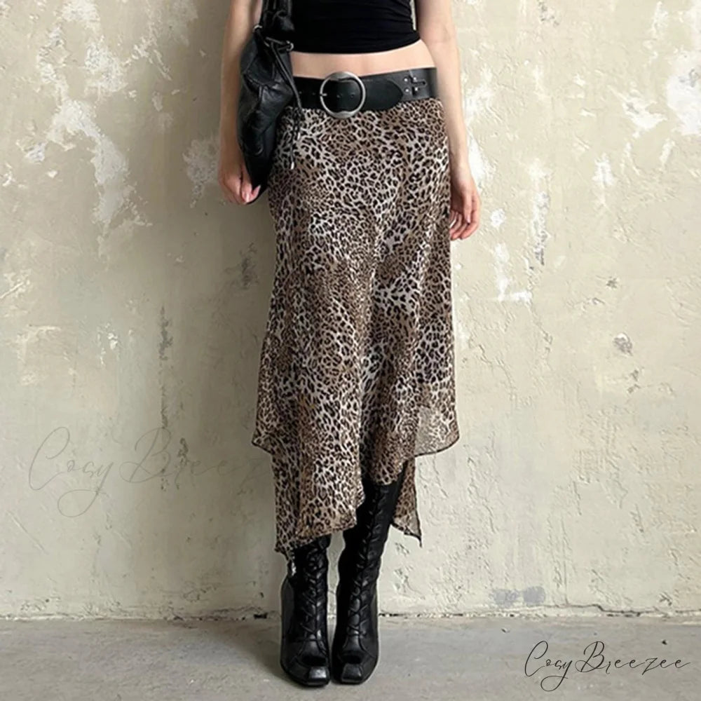 Leopard Print Irregular Hem Skirt black / S skirts-250223