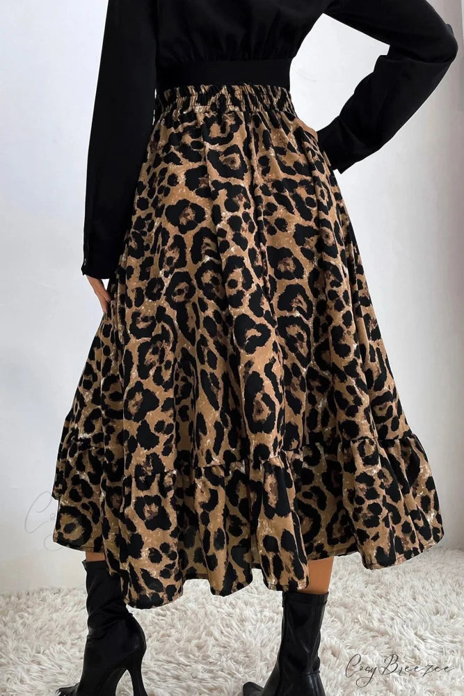 Leopard Print Pleated High Waist Skirt Brown / L