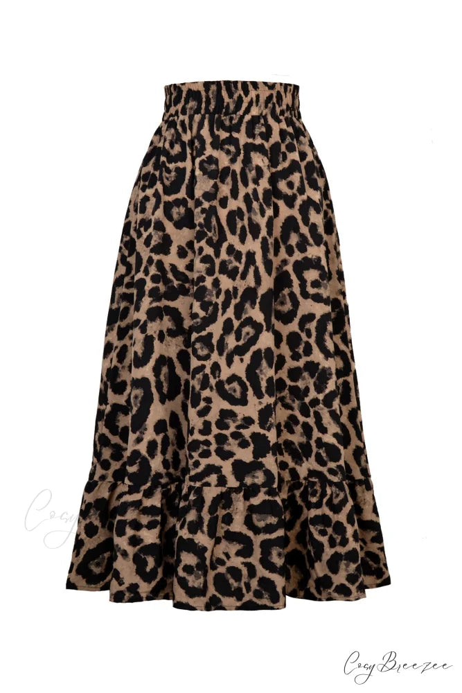 Leopard Print Pleated High Waist Skirt Brown / S