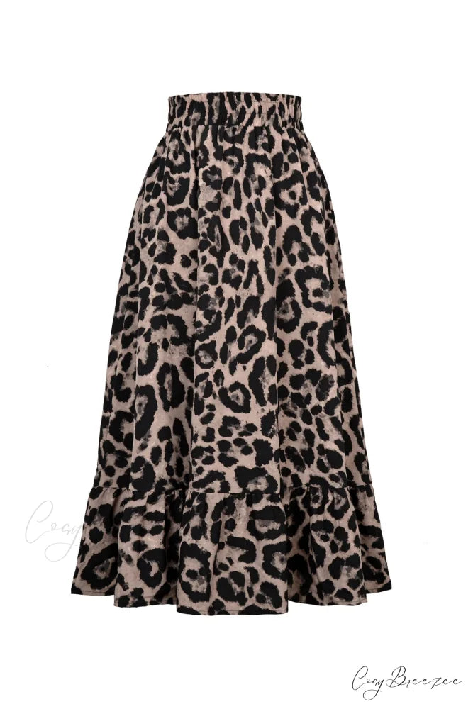 Leopard Print Pleated High Waist Skirt Grey / S