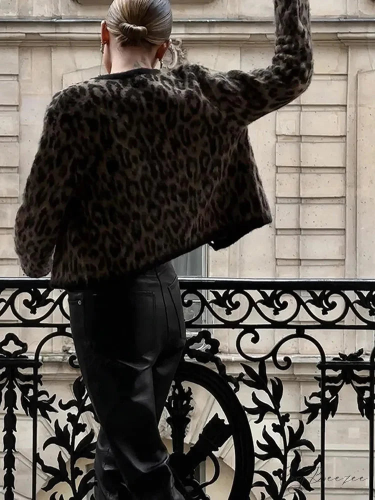 Leopard Print Round Neck Cardigan cardigans-241228
