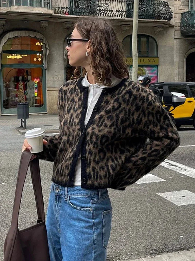 Leopard Print Round Neck Mohair Cardigan cardigans-241228
