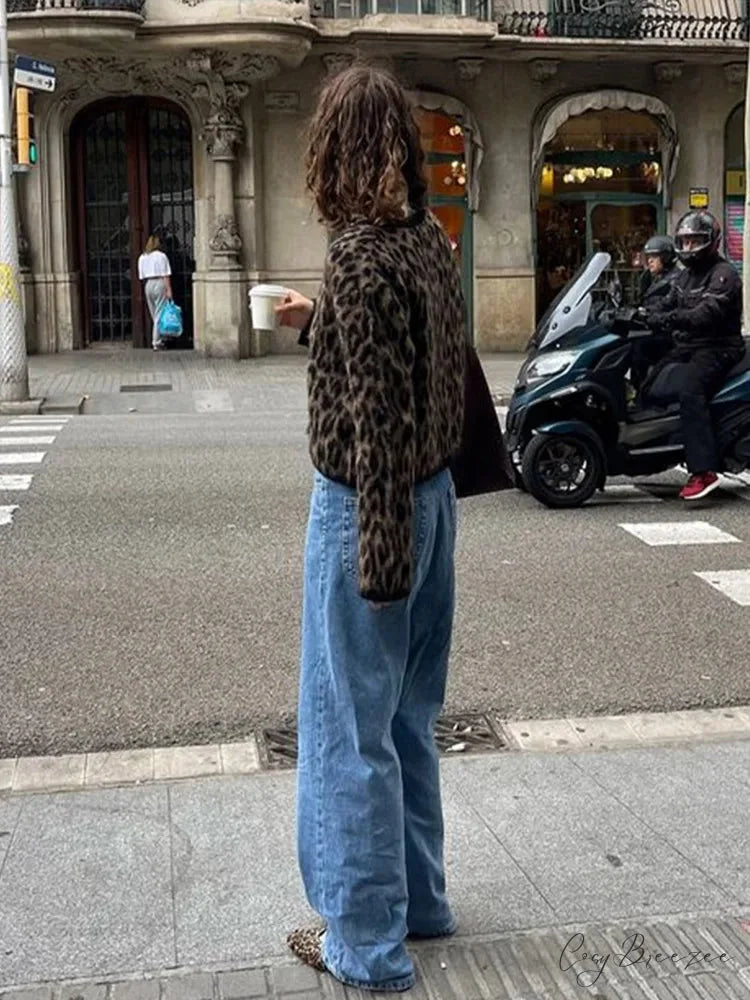 Leopard Print Round Neck Mohair Cardigan cardigans-241228