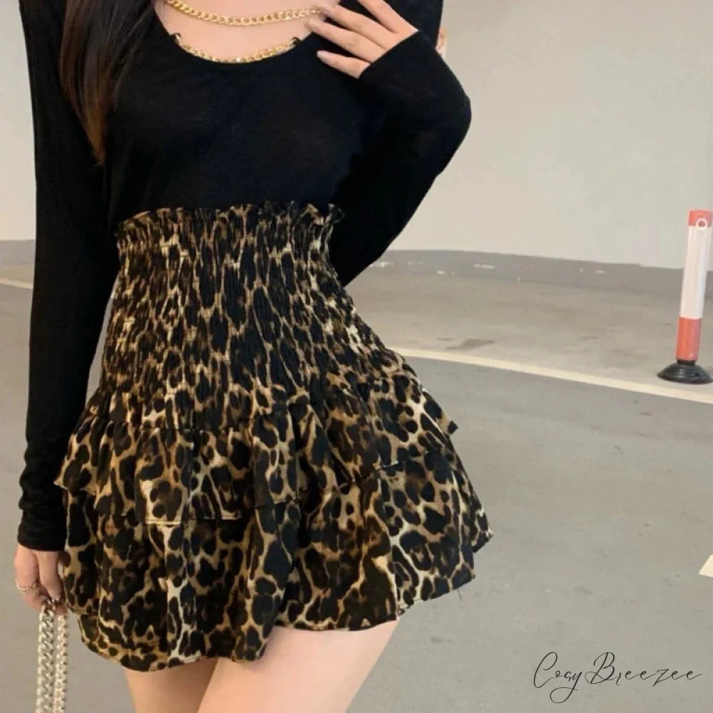 Leopard Print Ruffle Vintage High Waisted Pleated Skirt Brown / One Size