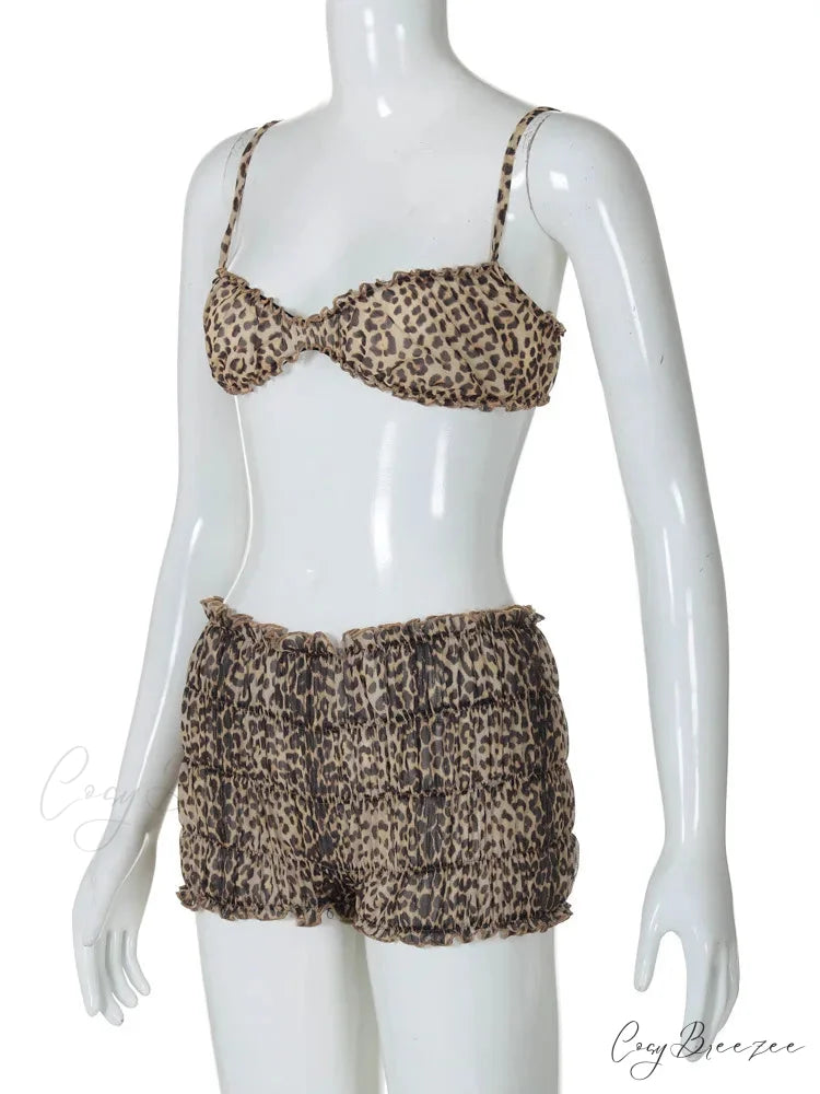 Leopard Print Ruffles Cami Graceful Bra Top and Shorts Set