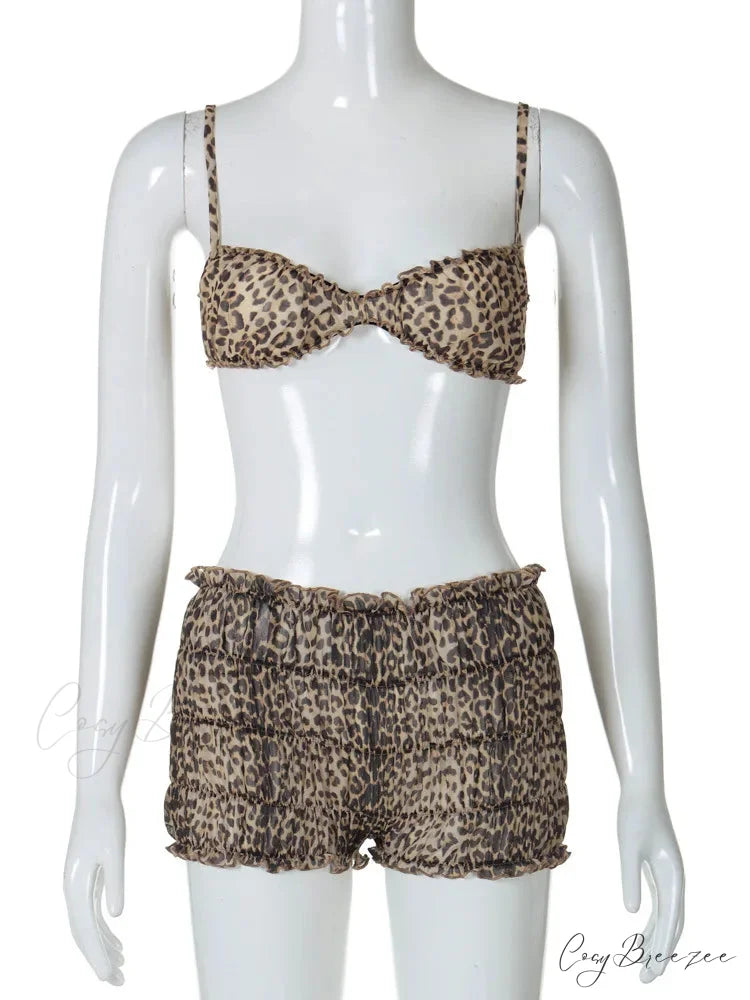 Leopard Print Ruffles Cami Graceful Bra Top and Shorts Set
