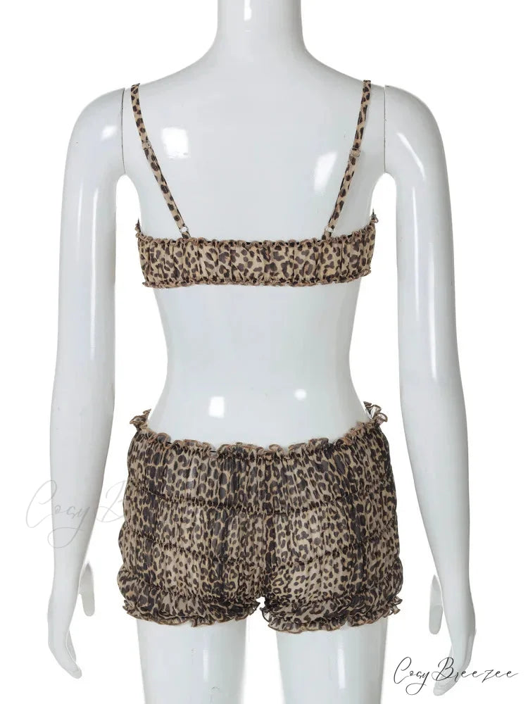 Leopard Print Ruffles Cami Graceful Bra Top and Shorts Set