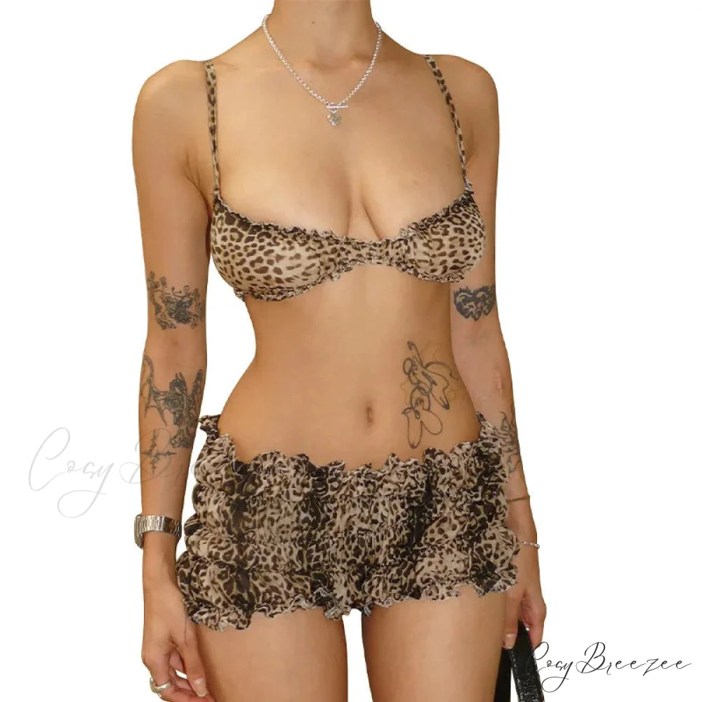 Leopard Print Ruffles Cami Graceful Bra Top and Shorts Set leopard / S