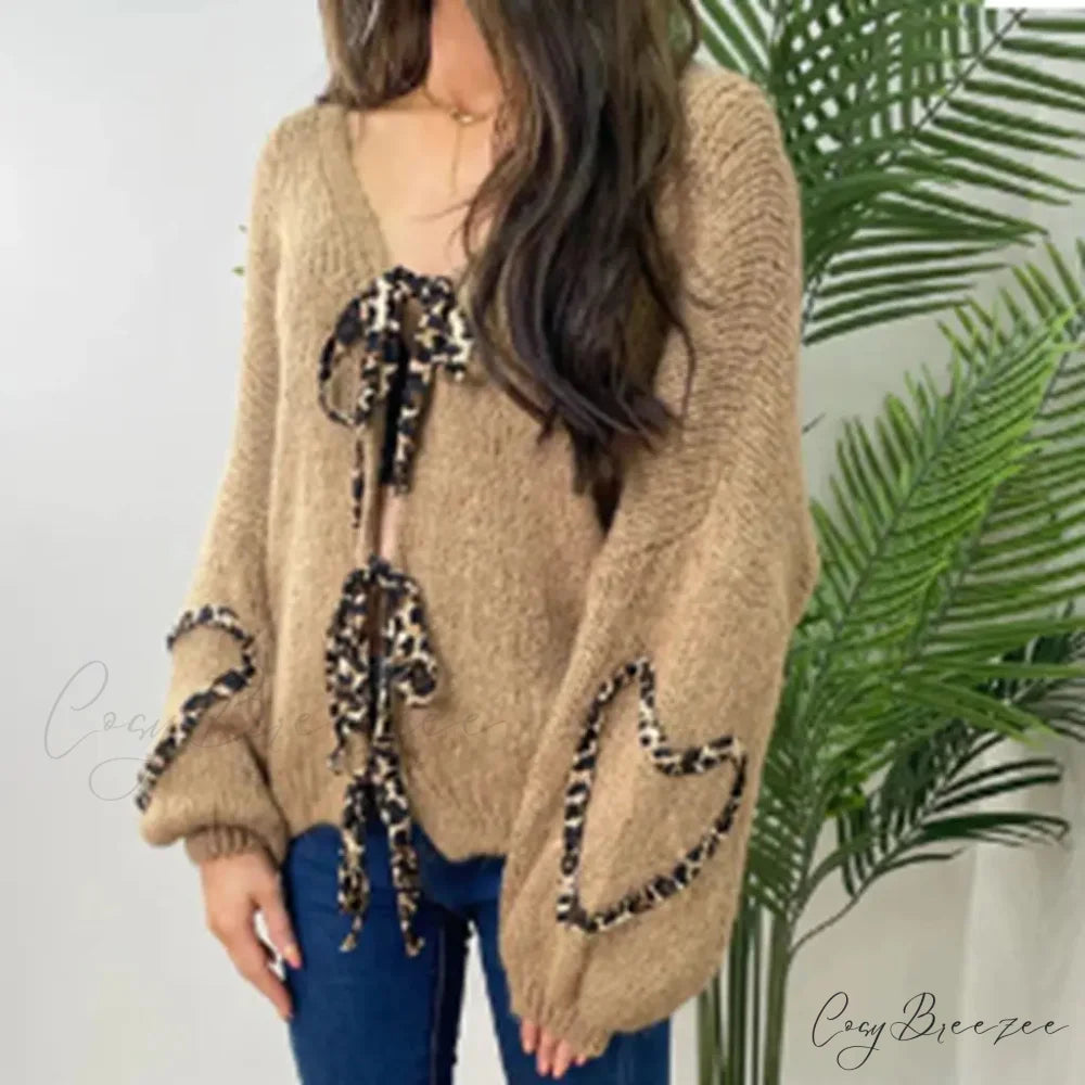 Leopard Ribbon Tie V-neck Cardigan brown / S