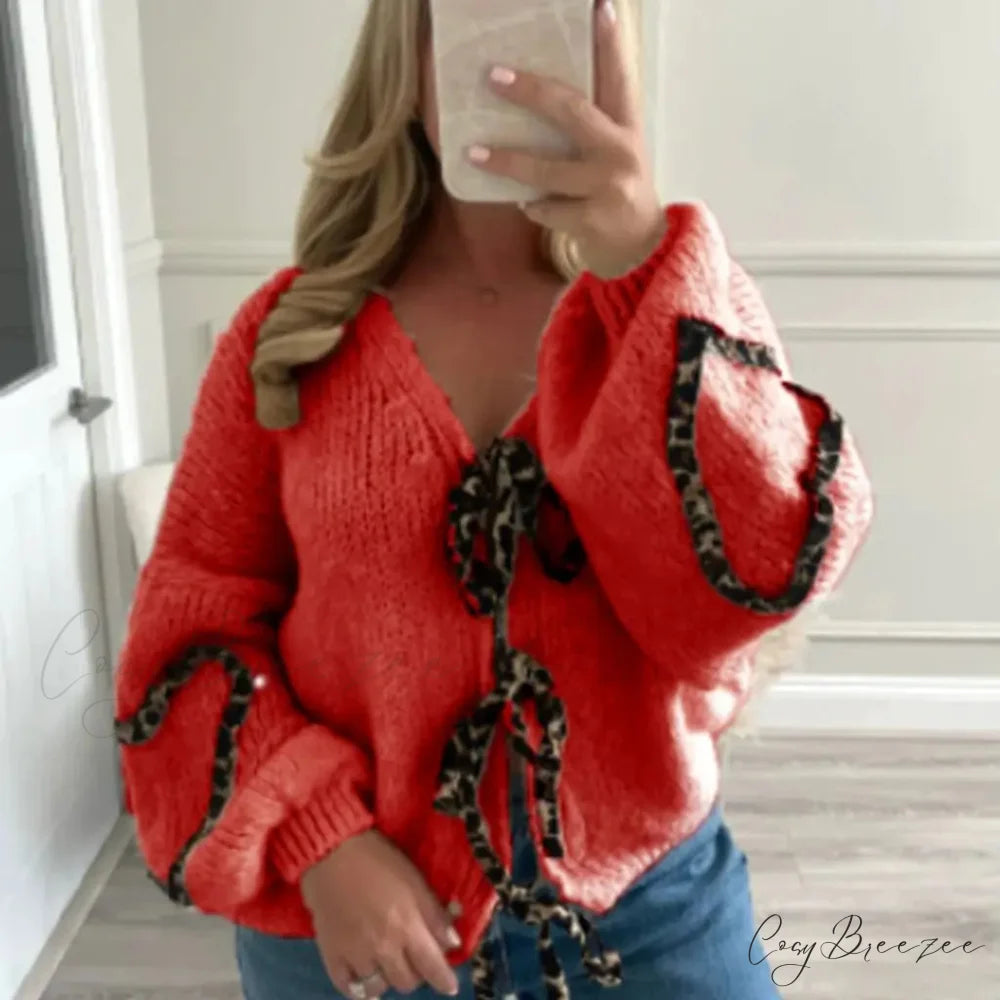 Leopard Ribbon Tie V-neck Cardigan red / S