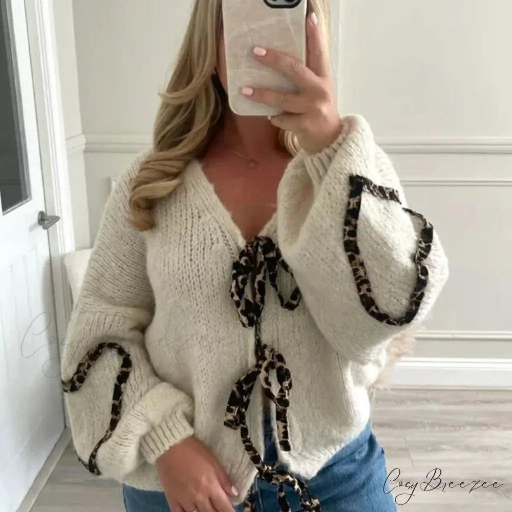 Leopard Ribbon Tie V-neck Cardigan white / S