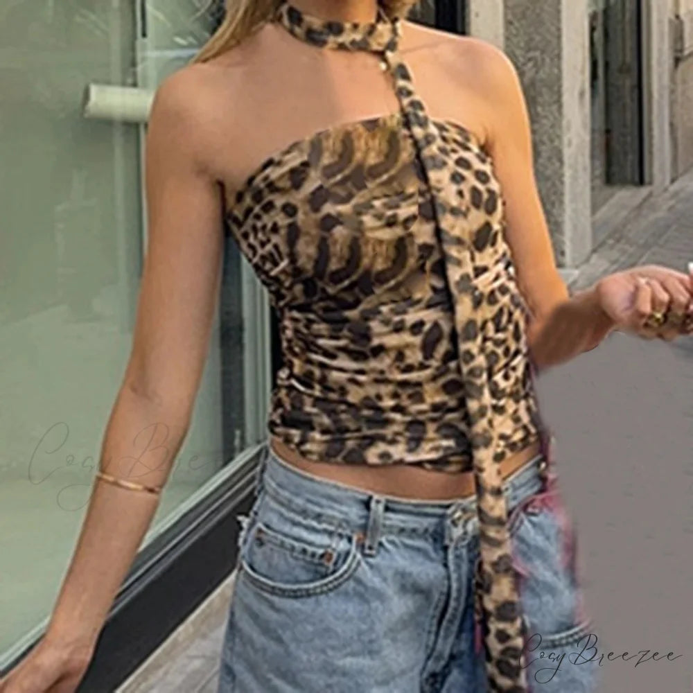 Leopard Ruched Scarf Crop Top croptop-250223