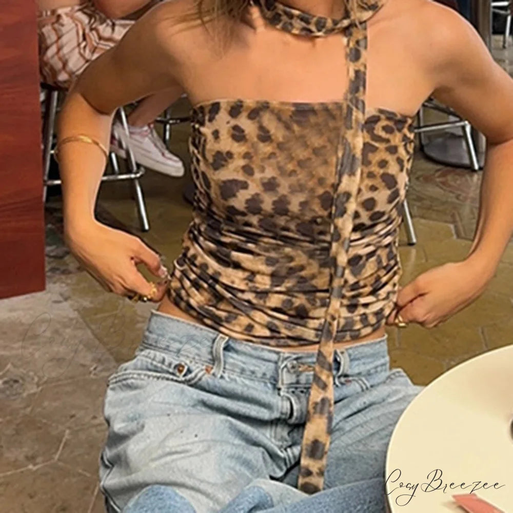 Leopard Ruched Scarf Crop Top croptop-250223