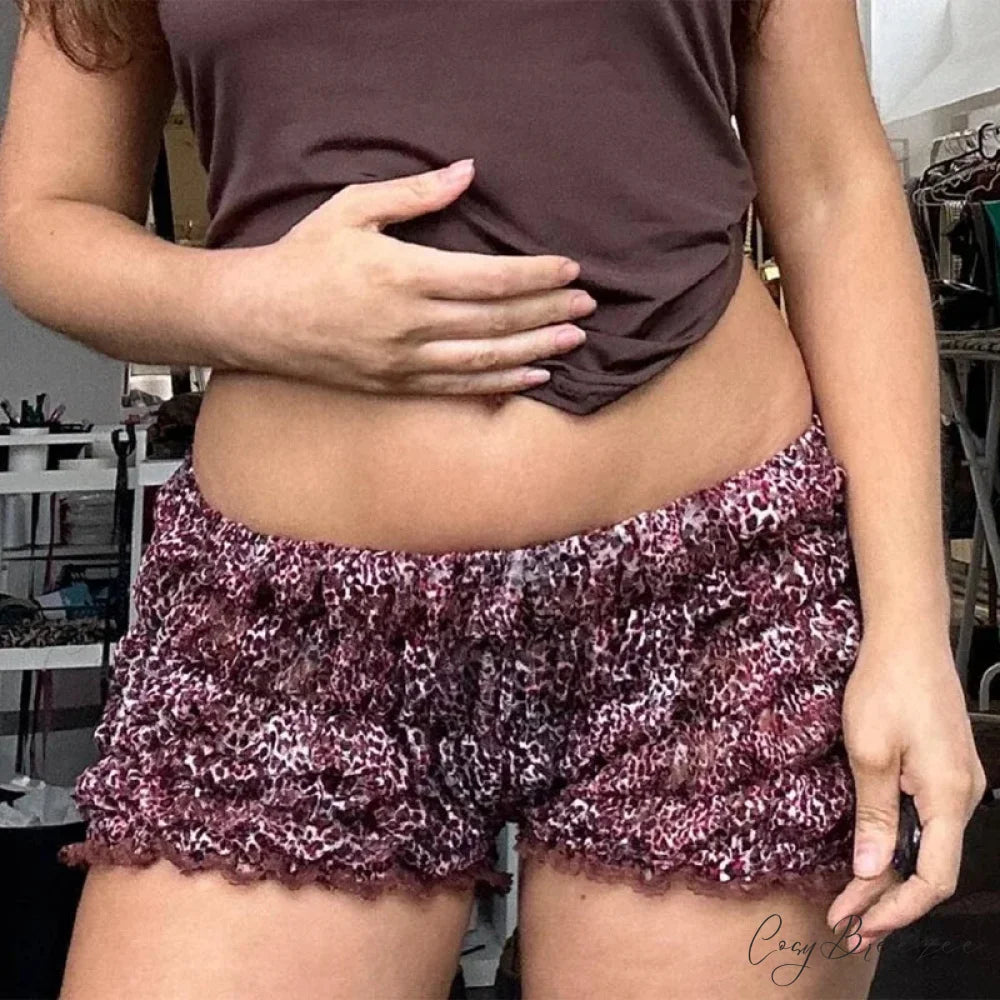 Leopard Ruffle Lace Trim Shorts red / S short-250223