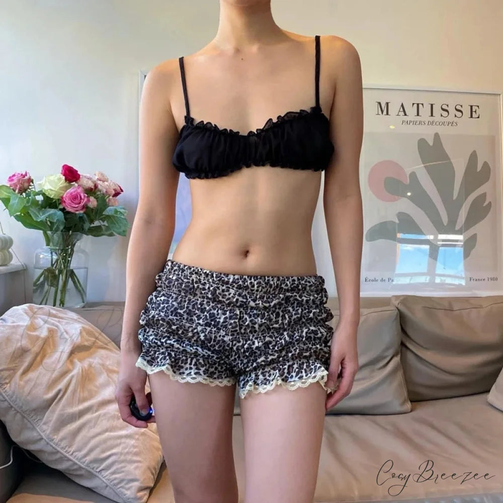 Leopard Ruffle Lace Trim Shorts short-250223