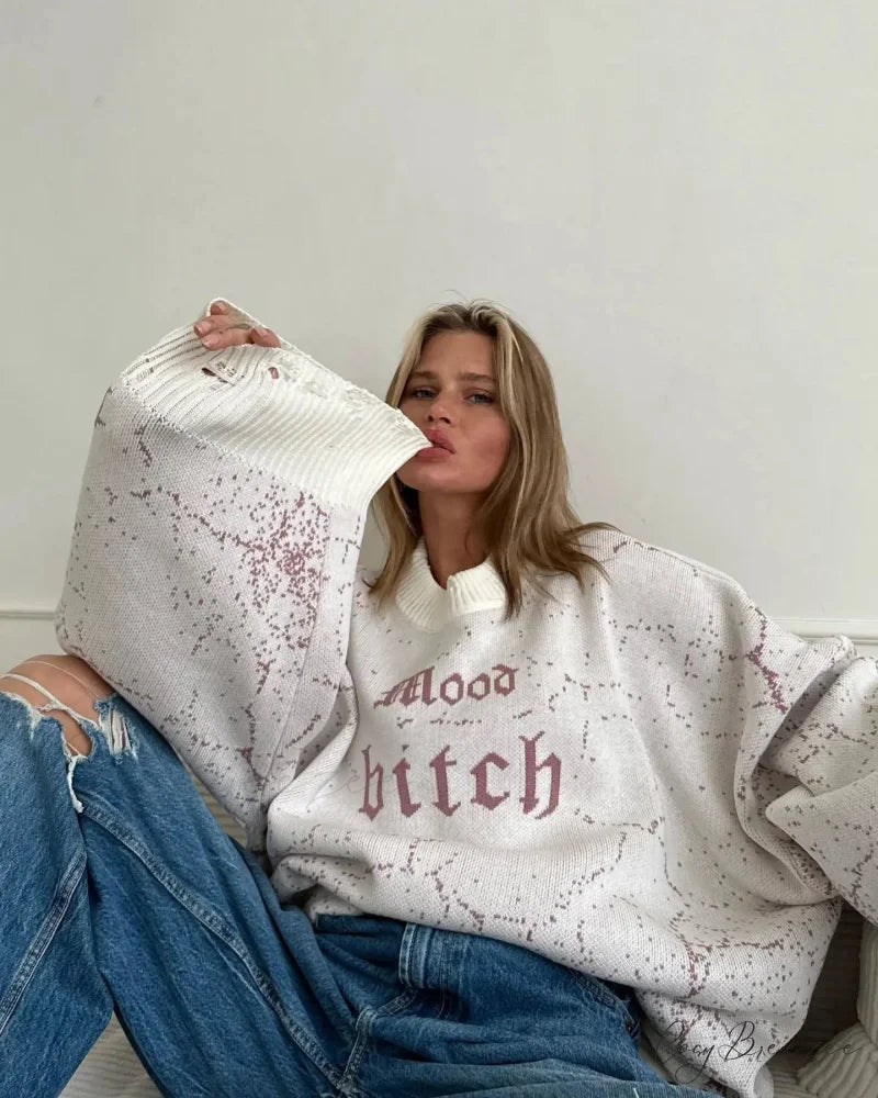 Letter Embroidery Lazy Style Sweater White / One Size swraters-241228
