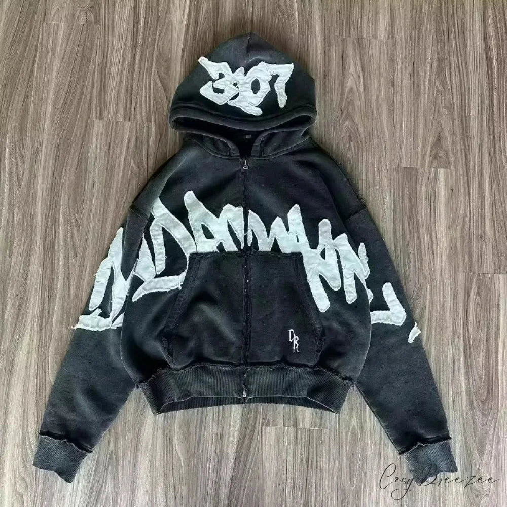 Letter Patch Vintage Zipper Hoodie black 6 / M hoodies-241228