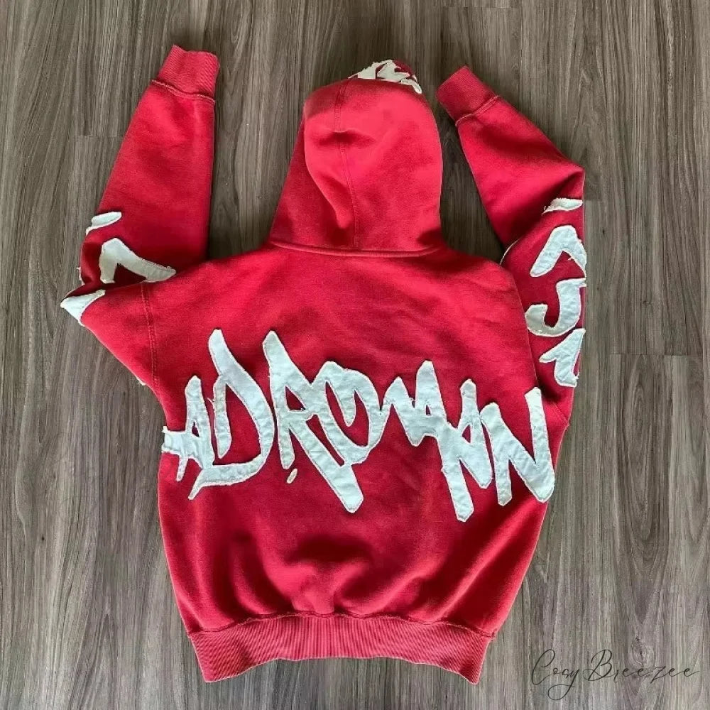 Letter Patch Vintage Zipper Hoodie hoodies-241228