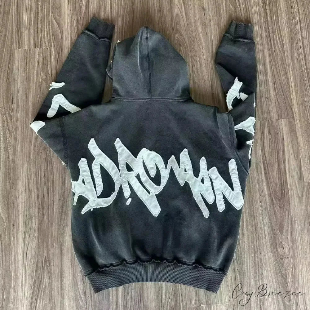 Letter Patch Vintage Zipper Hoodie hoodies-241228