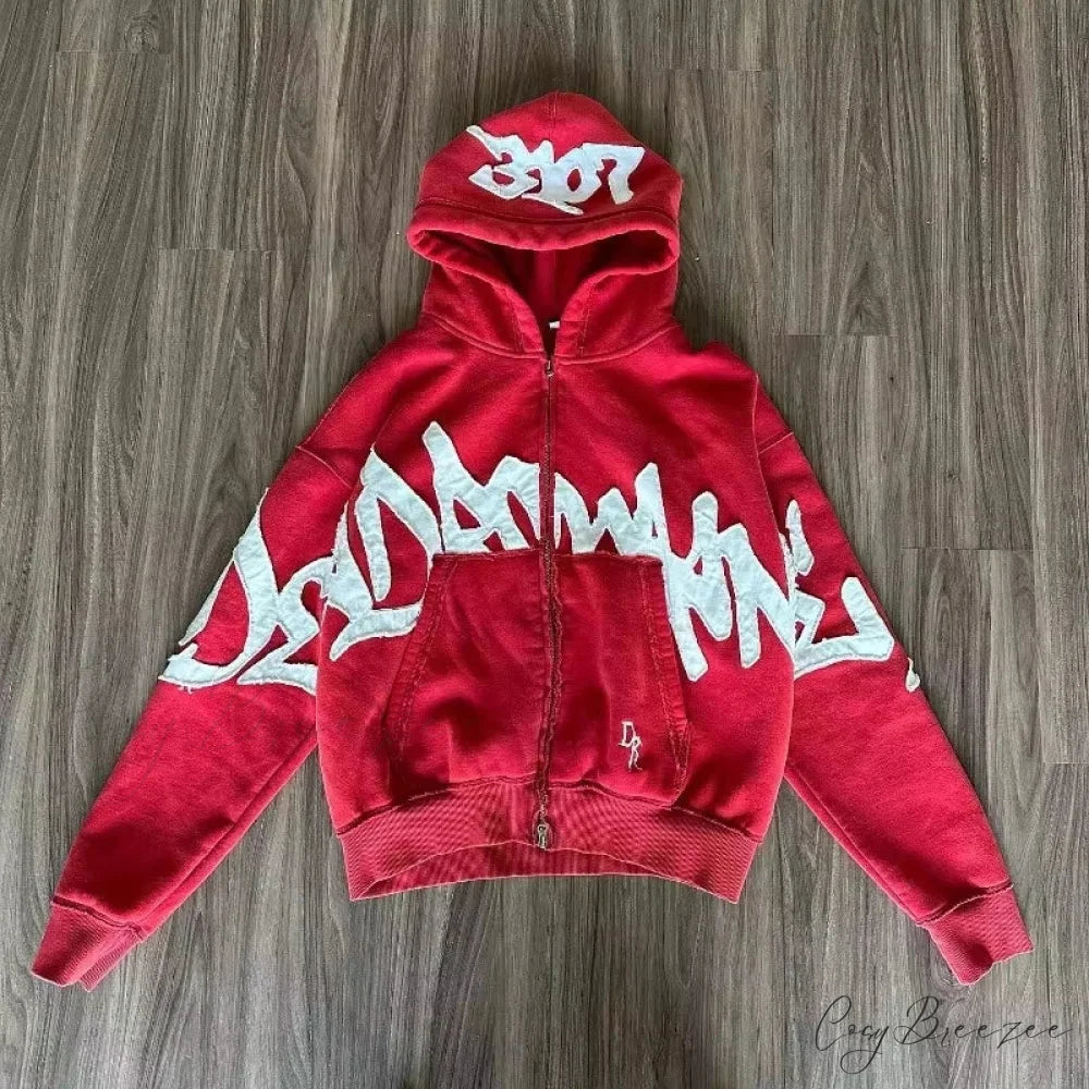 Letter Patch Vintage Zipper Hoodie red 2 / M hoodies-241228