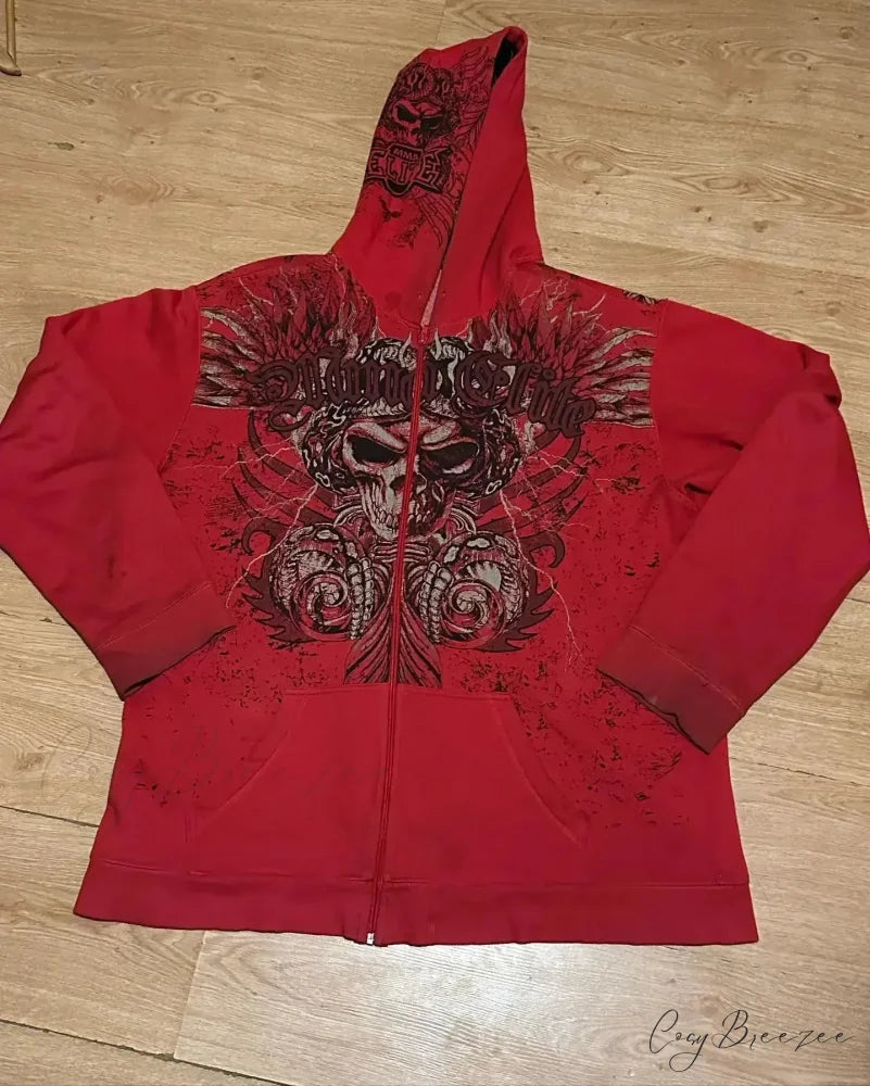 Letter Patch Vintage Zipper Hoodie red 3 / M hoodies-241228