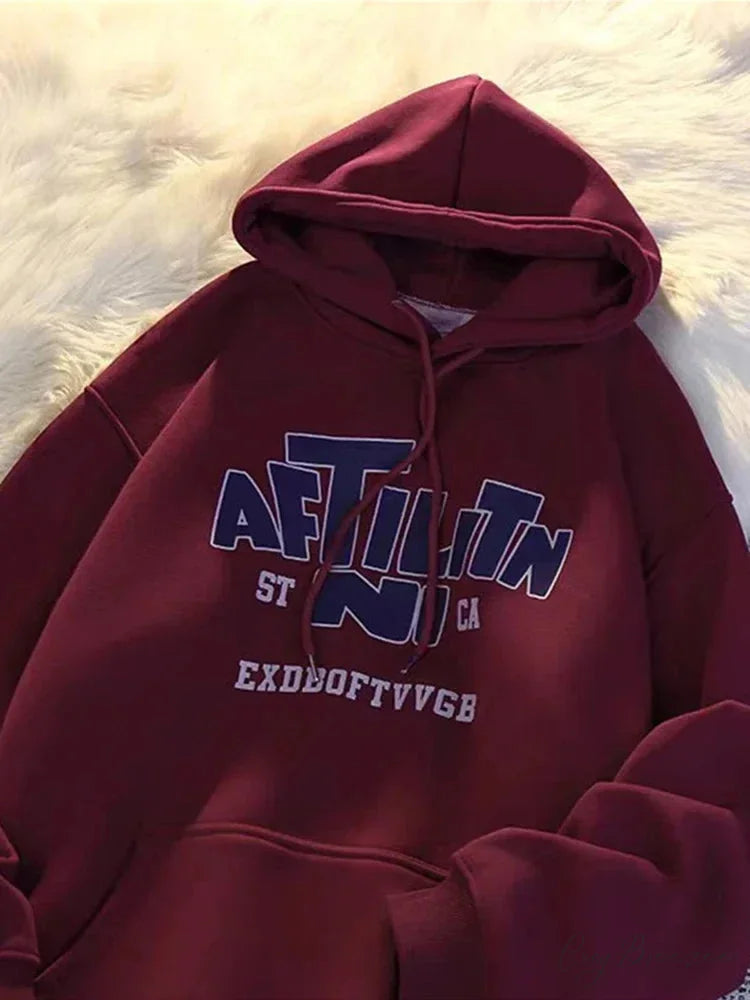 Letter Print Cotton Hoodie Red / M(40-45KG) hoodies-241228