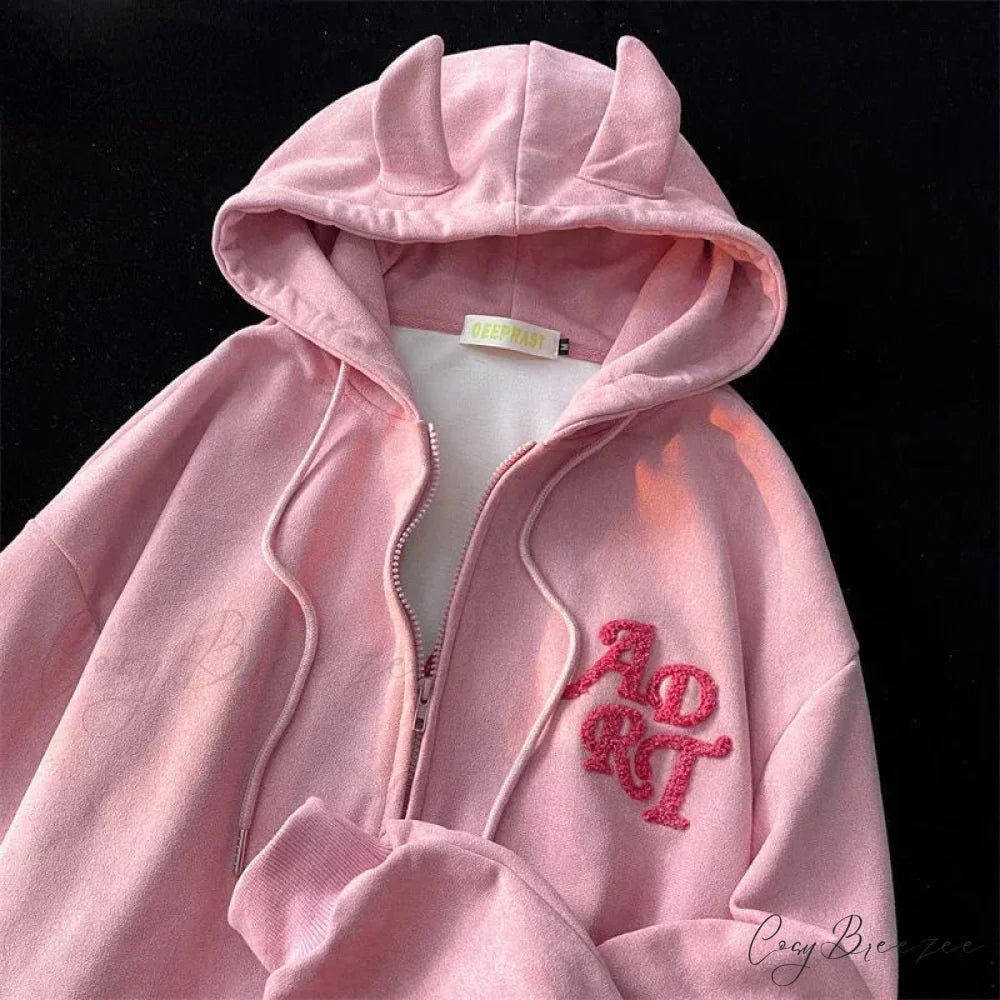 Letter Print Vintage Zipper Hoodie pink / M hoodies-241228