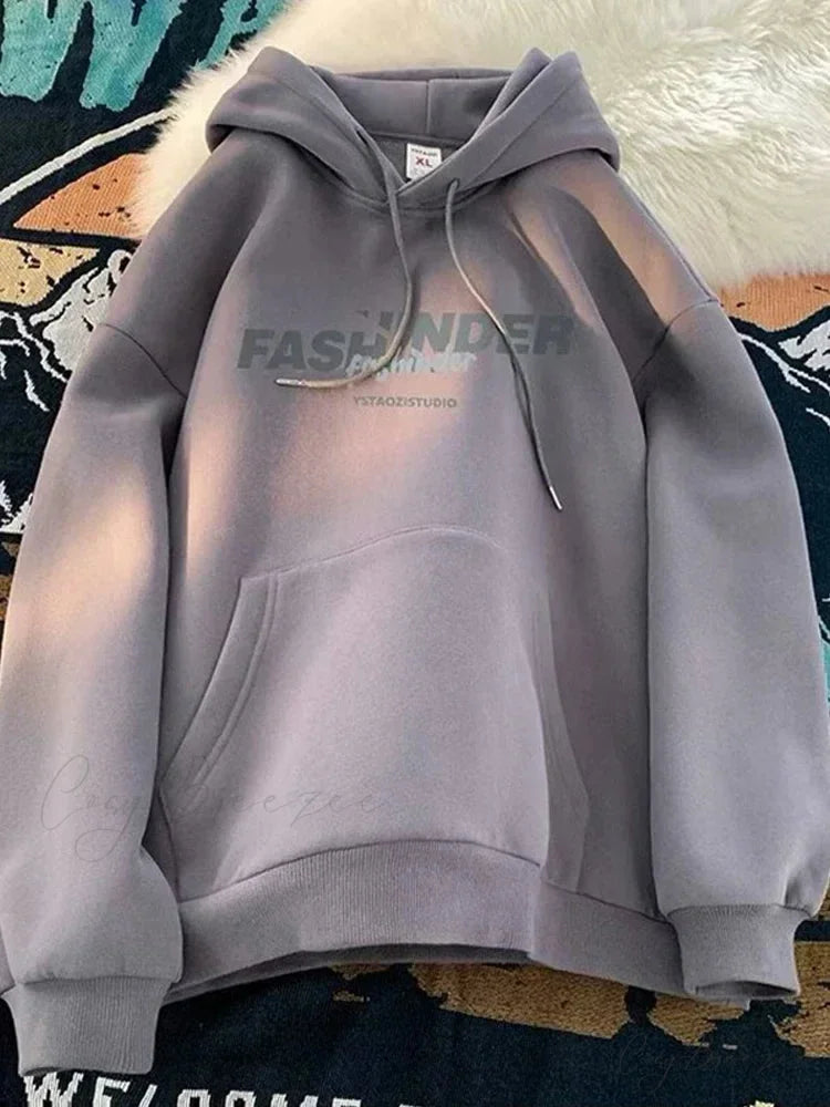 Letter Printed Winter Fleece Hoodie Dark Grey / M(40-45KG) hoodies-241228
