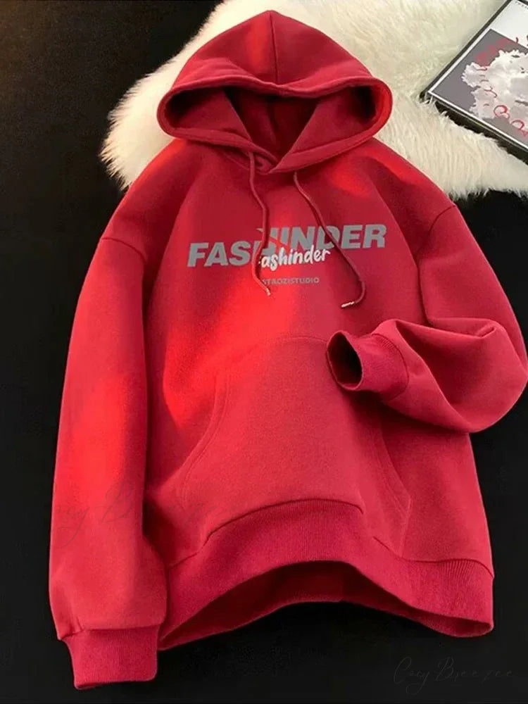 Letter Printed Winter Fleece Hoodie Red / M(40-45KG) hoodies-241228