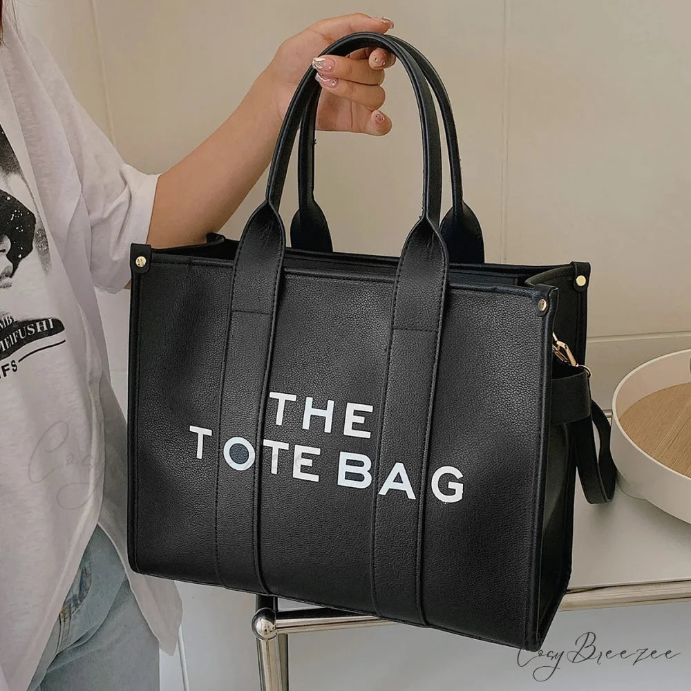 Letter Soft PU Leather Tote Shoulder Handbag Black / 35cm X 15cm X 28cm handbag-250126